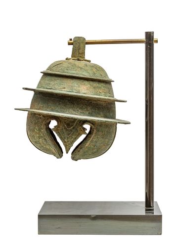CAMBODIA KHMER BRONZE BELL ON DISPLAY STAND H 13" W 8" 