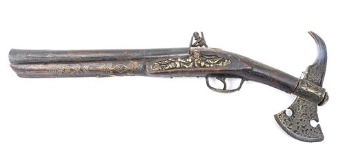 NORTH AFRICAN AXE AND FLINTLOCK PISTOL COMBINATION, 20TH C., L 18" 