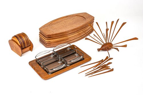 DIGSMED (DENMARK), TEAK TRAY WITH GLASS INSETS WITH OTHER TABLE ACCESSORIES, 43 PCS., W 6.25", L 10"