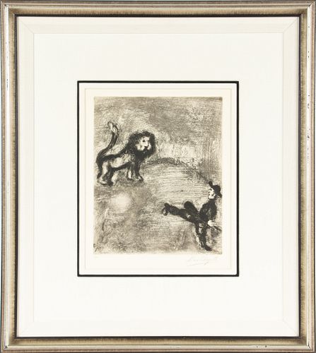 MARC CHAGALL (FRENCH/RUSSIAN, 1887–1985) ETCHING ON WOVE PAPER, 1952 H 11.5" W 9.5" THE LION AND THE HUNTERS, FROM LES FABLES DE LA FONTAINE, VOLUME I