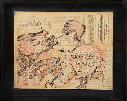 GEORGE GROSZ (GERMAN, 1893–1959) WATERCOLOR AND INK ON GERMAN TEXT PAGES, CIRCA 1925-30 H 13" W 16.5" POLITICAL SATIRE 