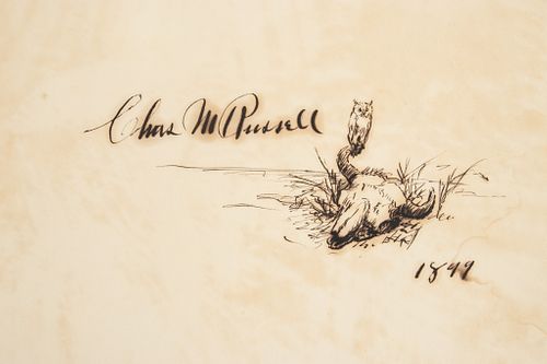 CHARLES MARION RUSSELL (AMERICAN, 1864–1926) PEN SKETCHES BY CHAS. M. RUSSELL THE COWBOY ARTIST, WITH ORIGINAL DRAWING IN INK, H 11.325" W 14" 