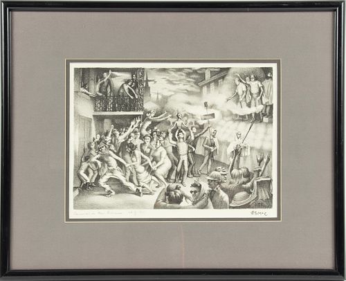 JOHN MCCRADY (AMERICAN, 1911–1968) LITHOGRAPH ON WOVE PAPER, LAID DOWN TO SUPPORT PAPER, 1942 H 8.75" W 12" CARNIVAL IN NEW ORLEANS 