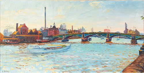 FREDERICK GORE (BRITISH, 1913–2009) OIL ON CANVAS, 1970, H 20.25", W 39", 'THE THAMES AT CHELSEA, LONDON' 