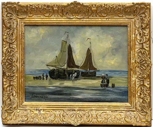 LOUIS VAN DER POL (DUTCH 1896 - 1982) OIL ON BOARD, H 12", W 16", SAILING VESSELS ON BEACH 