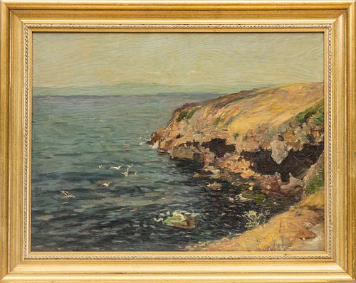 OLIVER DENNETT GROVER (AMERICAN, 1861-1927), OIL ON BOARD, 1916, H 17.5", W 23", SEASIDE CLIFFS 