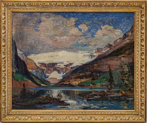 OLIVER DENNETT GROVER (AMERICAN, 1861-1927), OIL ON CANVAS, 1912, H 23.5", W 29.5", GLACIER NATIONAL PARK 