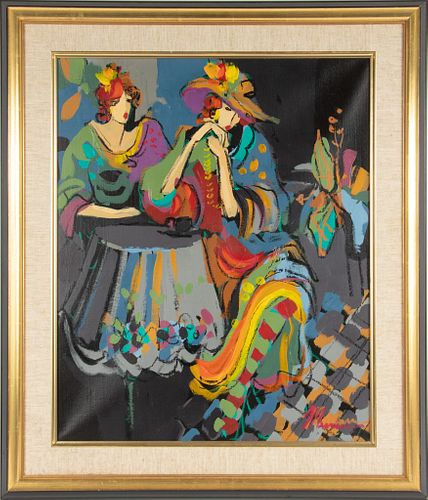 ISAAC MAIMON (FRENCH/ISRAELI, 1951) OIL ON CANVAS, H 22" W 18" TWO WOMEN AT CAFE TABLE 