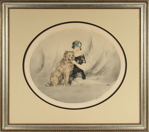 LOUIS ICART (FRENCH, 1888-1950) ETCHING WITH COLOR ON PAPER, 1925, H 14 1/8", W 17.5", SHEPHERD DOG (H.C.I. 239) 