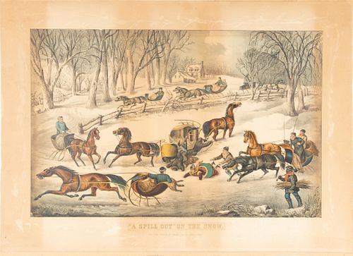 CURRIER & IVES (PUBLISHERS) (AMERICAN, ESTABLISHED 1834–1907) HAND COLORED LITHOGRAPH ON WOVE PAPER, 1870 H 16.375" W 24.5" A SPILL OUT-ON SNOW 