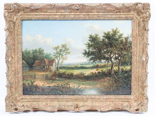 JOSEPH THORS (BRITISH 1835 - 84) OIL ON BOARD, H 14", W 20", BERKSHIRE FARMHOUSE 