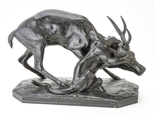  ANTOINE BARYE (FRENCH, 1795-1875) BRONZE SCULPTURE, SUSSE FRERE, 19TH.C. H 13", L 21", STAG AND PANTHER 