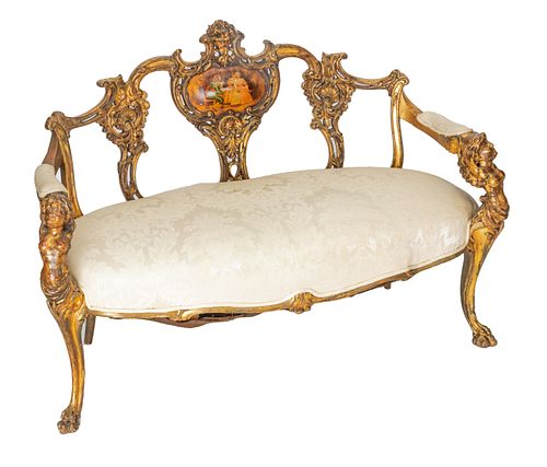 LOUIS XV STYLE FRENCH CARVED SETTEE C. 1900 H 35" L 50" D 24" 