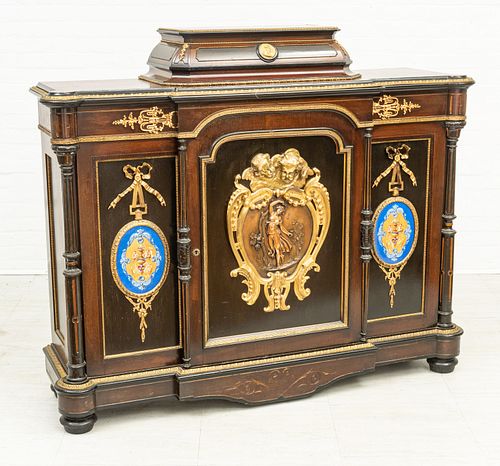 FRENCH NAPOLEON III ROSEWOOD BRONZE MOUNTED CABINET, H 53", L 62", D 18"