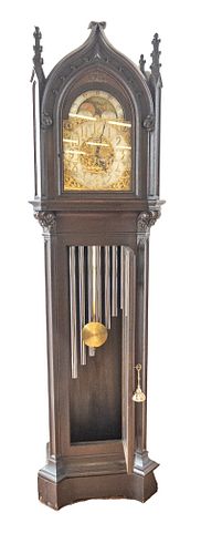 HERSCHEDE GOTHIC STYLE CARVED OAK GRANDFATHER CLOCK, C. 1900, H 94", W 26", D 16" 