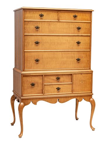 AMERICAN CARVED TIGER MAPLE HIGHBOY, 20TH C., H 60", W 35.75", D 21.5" 