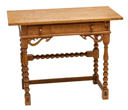 AMERICAN CARVED TIGER MAPLE CONSOLE TABLE, 20TH C., H 30", W 38", D 20" 