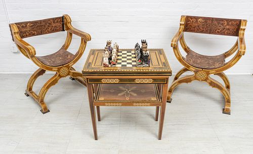 DAMASCUS STYLE CHAIRS & CHESS TABLE (AS IS) 3 PCS, H 35", W 27" (CHAIRS) 