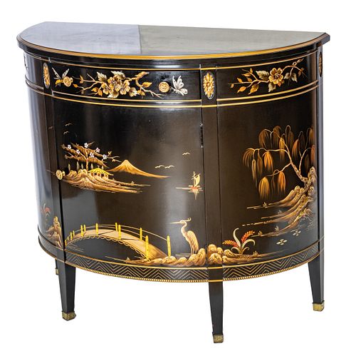 IMPERIAL FURNITURE CO DEMI LUNE COMMODE, H 32" W 36" DIA 16" CHINOISERIE DECORATED 