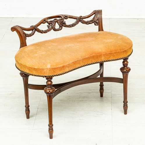FRENCH STYLE CARVED WALNUT KIDNEY SHAPED BENCH, C. 1920, H 22", W 29" 