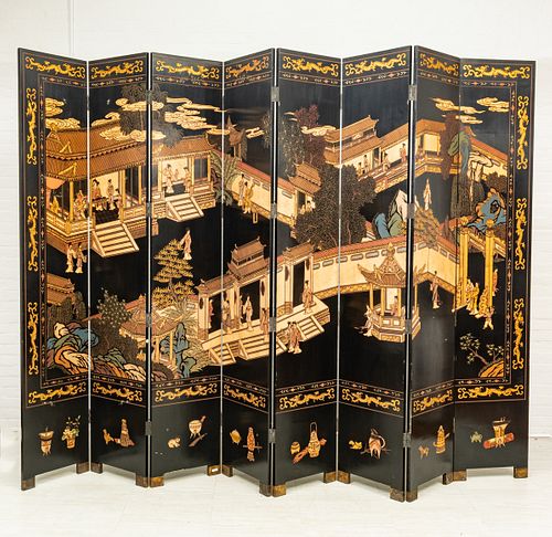 CHINESE COROMANDEL LACQUER EIGHT PANEL SCREEN, 20TH C., H 94.5", W 144" (TOTAL) 