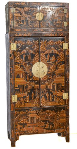 CHINESE BLACK LACQUERED CABINET H 92" W 39.75" D 19.25" 
