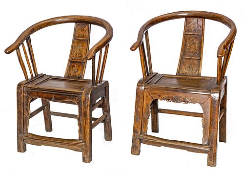 CHINESE CARVED WOOD ARMCHAIRS, PAIR, H 36", W 27" 