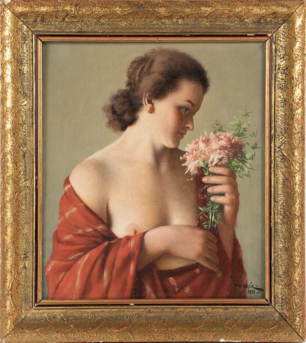1941, H 14", W 12", PORTRAIT OF A SEMI NUDE YOUNG WOMAN 