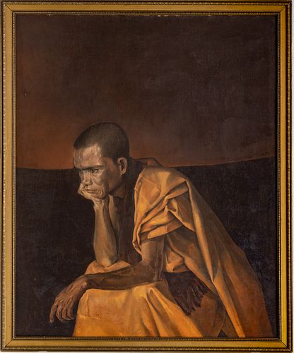 DO QUANG EM (VIETNAMESE, B.1942), OIL ON CANVAS BACKED WITH MASONITE, H 31.5", W 25.5", PORTRAIT OF A MONK 