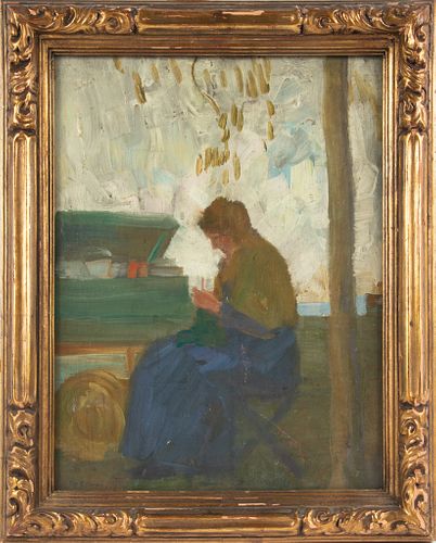 ROY GAMBLE (AMERICAN, 1887-1972), OIL ON BOARD, H 17", W 13", WOMAN SEWING BENEATH A TREE 