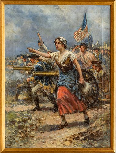 PERCY MORAN (AMERICAN 1862-1935) OIL ON CANVAS, EARLY 20TH C., H 24", W 18", MOLLY PITCHER AT THE BATTLE OF MONMOUTH 