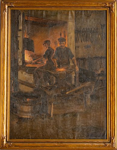 ERNEST DE NAGY (HUNGARIAN/AMERICAN 1881-1952) OIL ON CANVAS, EARLY 20TH C., H 31.5", W 24", BLACKSMITHS AT A FORGE 
