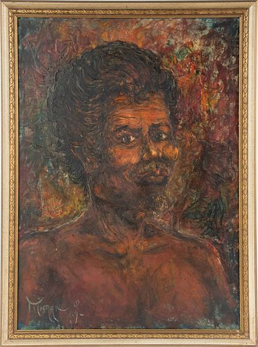 D.S. MISRAN (INDONESIAN, 1929-2003), OIL ON CANVAS BACKED BY BOARD, 1969, H 23", W 16.5" PORTRAIT OF A MAN. 