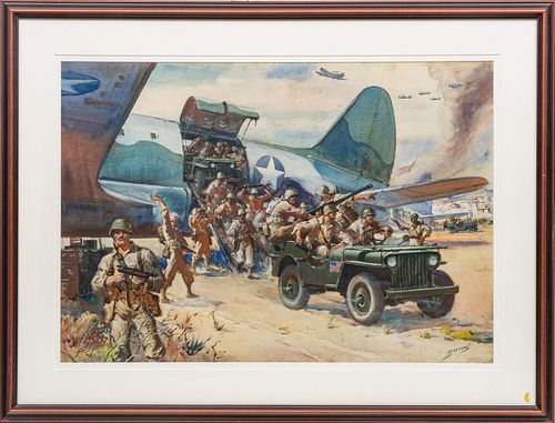 JAMES MILTON SESSIONS (AMERICAN 1882-1962) WATERCOLOR ON PAPER, H 24" W 33" WWII AIRFIELD UNLOADING /JEEP 