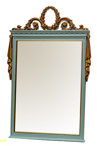 REGENCY STYLE POLYCHROME WALL HANGING MIRROR, C 1930 H 43", L 26" 