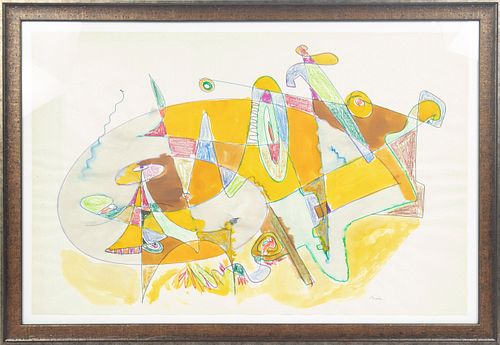 JACK FAXON (AMERICAN 1936 – 2020) WATERCOLOR AND CRAYON ON PAPER, H 22", W 34" 