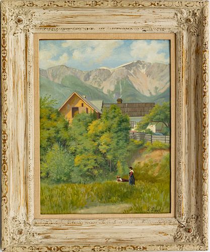 FRANZ PIPAL, OIL ON ACADEMY BOARD, 20TH C, H 18", W 14", TYROL MOUNTAIN SCENE WITH FIGURES 