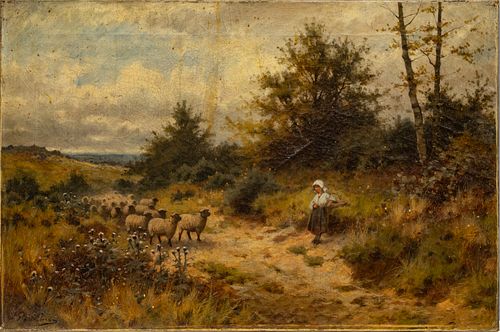 JOSEPH PAULMAN (BRITISH 19TH C.) OIL ON CANVAS, 19TH C., H 16", W 24", SHEPHERDESS WITH FLOCK 