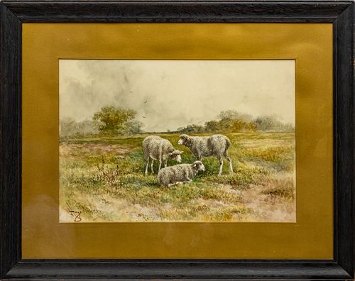 HUGO ANTON FISHER (1854-1916) WATERCOLOR ON PAPER, 19TH C., H 15", W 21.75", THREE SHEEP IN A COUNTRYSIDE 