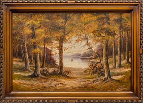 N. DYKMAN, OIL ON MASONITE, 1935, H 24", W 36", INDIANA AREA WOODS 