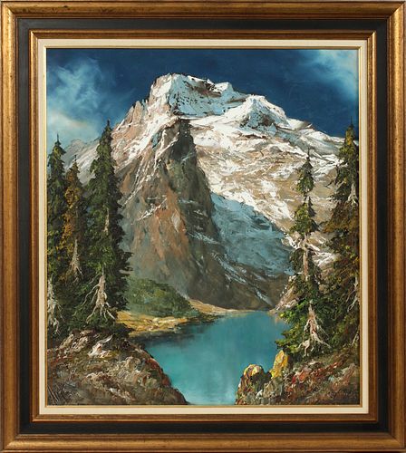 OIL ON CANVAS, LATER 20TH C., H 30", W 26", MOUNTAIN LANDSCAPE, SIGNED 