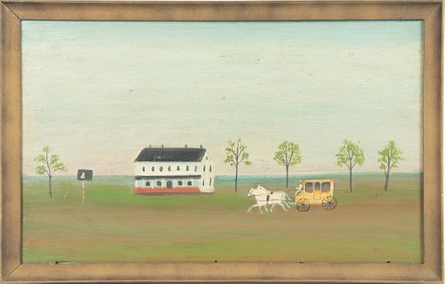 UNSIGNED AMERICANA OIL ON BOARD, H 13", W 21.5", HORSE-DRAWN CARRIAGE WITH RURAL HOME 