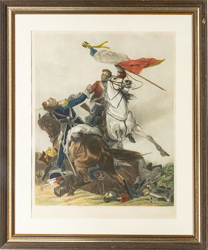 HENRY THOMAS RYALL (BRITISH, 1811-67) HAND COLORED ENGRAVING ON PAPER, 19TH C., H 29.75", W 23.5", 'THE FIGHT FOR THE STANDARD' 