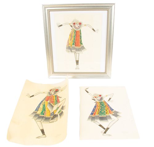 KETUT RUDIN (INDONESIAN 1918-2002) WATERCOLOR AND GILT ON PAPER, 20TH C., THREE PIECES, H 12", W 9.5", BALINESE DANCERS 