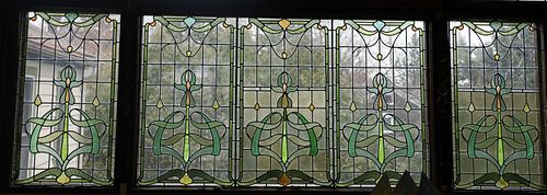 ART NOUVEAU LEADED STAINED GLASS WINDOW PANES, 20TH CENTURY, FIVE H 53" W 30" 