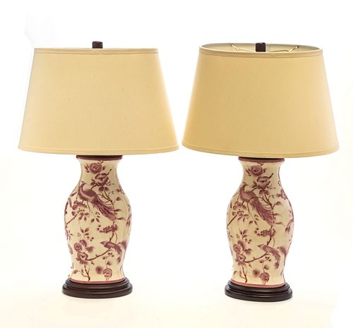 CERAMIC LAMPS, RASPBERRY COLOR WITH BIRD IMAGE ACCENTS, PAIR, H 27", W 7"
