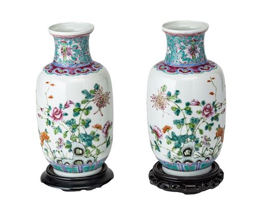 CHINESE PORCELAIN VASES, C 1920 PAIR H 10" PINK FLOWERS 