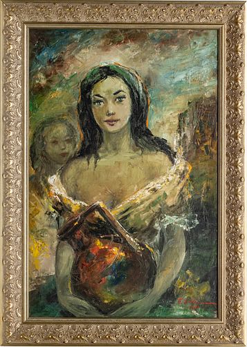 F. G. NEWMAN, OIL ON CANVAS, 1962 H 36" W 24" SPANISH LADY WITH EARTHEN POT 