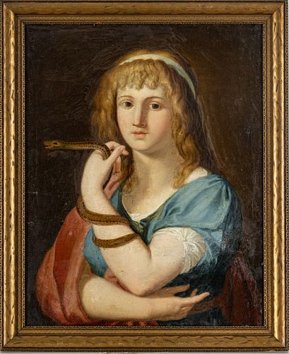UNSIGNED CONTINENTAL OIL ON CANVAS, 18/19TH C, H 24", W 19", ALLEGORICAL FIGURE WITH ASP 