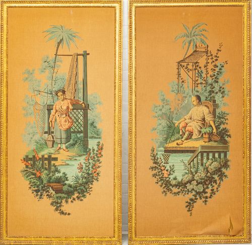 CHINESE PAINTINGS ON SILK PAIR H 63" W 29" FISHING VIGNETTES 